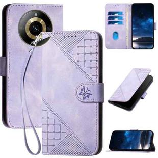 For Realme 11 5G Global YX0080 Grid Butterfly Embossed Pattern Flip Leather Phone Case with Lanyard(Light Purple)