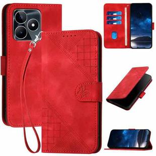 For Realme C53 / Narzo N53 YX0080 Grid Butterfly Embossed Pattern Flip Leather Phone Case with Lanyard(Red)