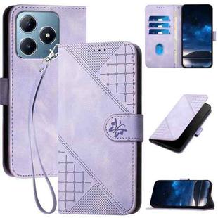 For Realme C63 Global Grid Butterfly Embossed Pattern Leather Phone Case with Lanyard(Light Purple)