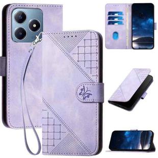 For Realme C61 Global YX0080 Grid Butterfly Embossed Pattern Flip Leather Phone Case with Lanyard(Light Purple)