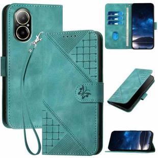 For Realme 12 Lite 4G Global Grid Butterfly Embossed Pattern Leather Phone Case with Lanyard(Light Blue)