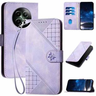 For Realme 12 5G Global YX0080 Grid Butterfly Embossed Pattern Flip Leather Phone Case with Lanyard(Light Purple)