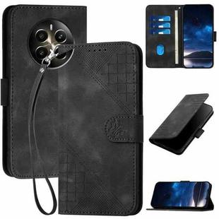 For Realme 12+ 5G Global YX0080 Grid Butterfly Embossed Pattern Flip Leather Phone Case with Lanyard(Black)