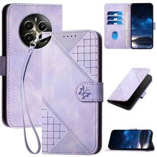 For Realme 12+ 5G Global YX0080 Grid Butterfly Embossed Pattern Flip Leather Phone Case with Lanyard(Light Purple)