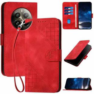 For Realme 12 Pro+ 5G Global YX0080 Grid Butterfly Embossed Pattern Flip Leather Phone Case with Lanyard(Red)