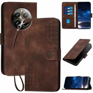 For Realme 12 Pro+ 5G Global YX0080 Grid Butterfly Embossed Pattern Flip Leather Phone Case with Lanyard(Coffee)