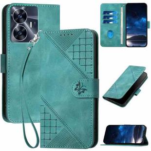 For Realme C55 4G Global Grid Butterfly Embossed Pattern Leather Phone Case with Lanyard(Light Blue)