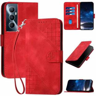 For Realme C65 4G YX0080 Grid Butterfly Embossed Pattern Flip Leather Phone Case with Lanyard(Red)