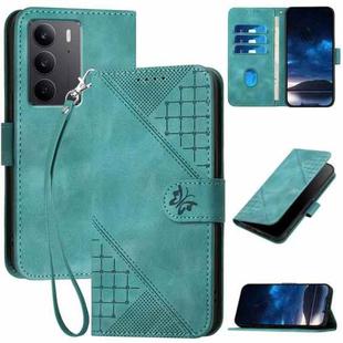 For Realme C75 Global Grid Butterfly Embossed Pattern Leather Phone Case with Lanyard(Light Blue)