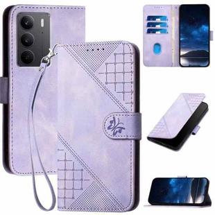 For Realme C75 Global Grid Butterfly Embossed Pattern Leather Phone Case with Lanyard(Light Purple)