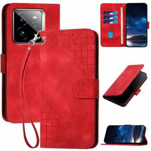 For Realme GT7 Pro Grid Butterfly Embossed Pattern Leather Phone Case with Lanyard(Red)