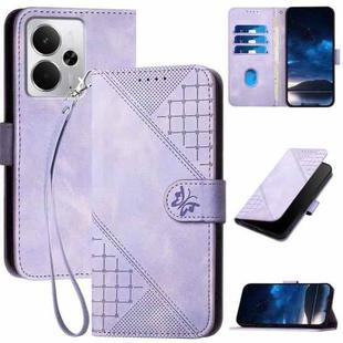 For Realme 14 / P3 5G Global Grid Butterfly Embossed Pattern Leather Phone Case with Lanyard(Light Purple)