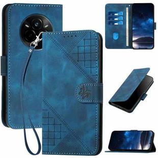 For Realme 14 Pro Grid Butterfly Embossed Pattern Leather Phone Case with Lanyard(Dark Blue)