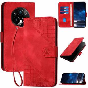 For Realme 14 Pro+ Grid Butterfly Embossed Pattern Leather Phone Case with Lanyard(Red)