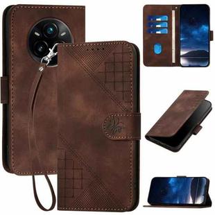 For Realme 14 Pro+ Grid Butterfly Embossed Pattern Leather Phone Case with Lanyard(Coffee)