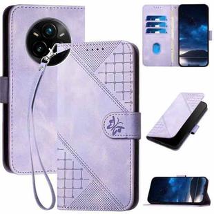For Realme 14 Pro+ Grid Butterfly Embossed Pattern Leather Phone Case with Lanyard(Light Purple)