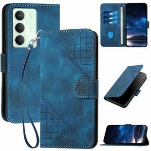 For Realme 14x Global Grid Butterfly Embossed Pattern Leather Phone Case with Lanyard(Dark Blue)