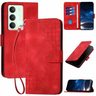 For Realme 14x Global Grid Butterfly Embossed Pattern Leather Phone Case with Lanyard(Red)