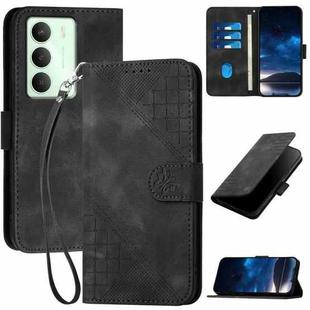 For Realme 14x Global Grid Butterfly Embossed Pattern Leather Phone Case with Lanyard(Black)
