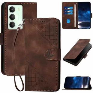 For Realme 14x Global Grid Butterfly Embossed Pattern Leather Phone Case with Lanyard(Coffee)