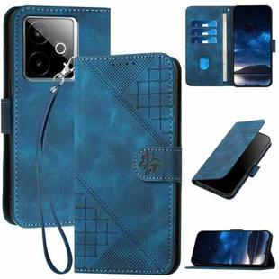 For Realme GT 7 India Grid Butterfly Embossed Pattern Leather Phone Case with Lanyard(Dark Blue)