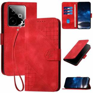 For Realme GT 7 India Grid Butterfly Embossed Pattern Leather Phone Case with Lanyard(Red)