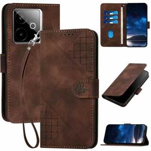 For Realme GT 7 India Grid Butterfly Embossed Pattern Leather Phone Case with Lanyard(Coffee)