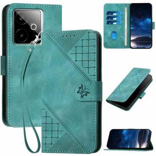For Realme GT 7 India Grid Butterfly Embossed Pattern Leather Phone Case with Lanyard(Light Blue)