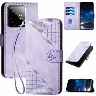 For Realme GT 7 India Grid Butterfly Embossed Pattern Leather Phone Case with Lanyard(Light Purple)