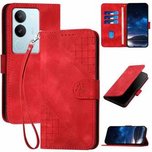 For vivo V29 5G Global YX0080 Grid Butterfly Embossed Pattern Flip Leather Phone Case with Lanyard(Red)