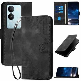 For vivo V29 5G Global YX0080 Grid Butterfly Embossed Pattern Flip Leather Phone Case with Lanyard(Black)