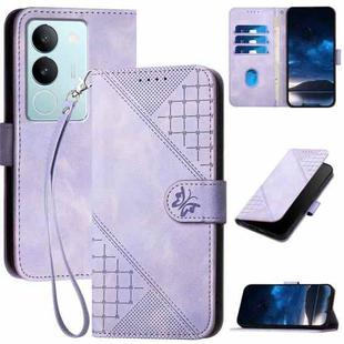 For vivo V29 5G Global YX0080 Grid Butterfly Embossed Pattern Flip Leather Phone Case with Lanyard(Light Purple)