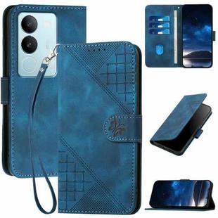 For vivo V29 Pro YX0080 Grid Butterfly Embossed Pattern Flip Leather Phone Case with Lanyard(Dark Blue)