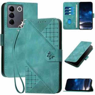 For vivo V27 5G Global YX0080 Grid Butterfly Embossed Pattern Flip Leather Phone Case with Lanyard(Light Blue)