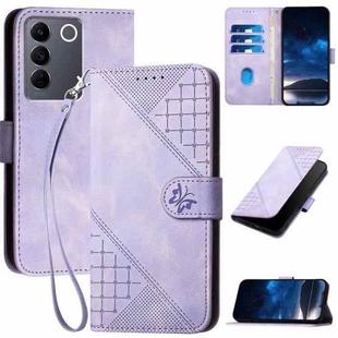 For vivo V27 Pro 5G Global YX0080 Grid Butterfly Embossed Pattern Flip Leather Phone Case with Lanyard(Light Purple)