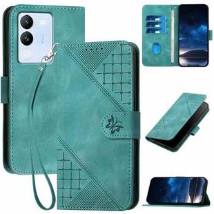 For vivo V29e 5G Global YX0080 Grid Butterfly Embossed Pattern Flip Leather Phone Case with Lanyard(Light Blue)