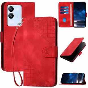 For vivo V30 Lite 5G Global YX0080 Grid Butterfly Embossed Pattern Flip Leather Phone Case with Lanyard(Red)