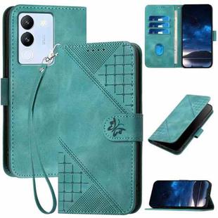 For vivo V30 Lite 5G Global YX0080 Grid Butterfly Embossed Pattern Flip Leather Phone Case with Lanyard(Light Blue)