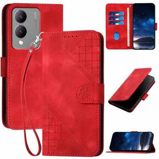 For vivo Y17s 4G Global YX0080 Grid Butterfly Embossed Pattern Flip Leather Phone Case with Lanyard(Red)