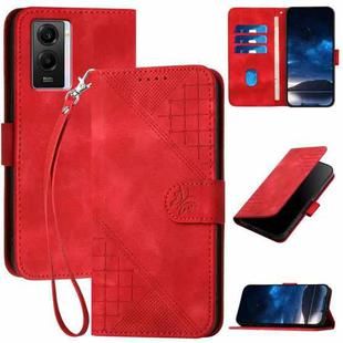 For vivo Y55s 2023 5G YX0080 Grid Butterfly Embossed Pattern Flip Leather Phone Case with Lanyard(Red)