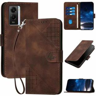 For vivo Y55 5G Global YX0080 Grid Butterfly Embossed Pattern Flip Leather Phone Case with Lanyard(Coffee)