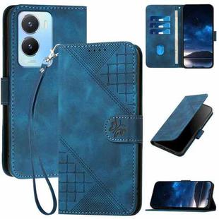 For vivo Y16 4G Global YX0080 Grid Butterfly Embossed Pattern Flip Leather Phone Case with Lanyard(Dark Blue)