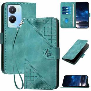 For vivo Y16 4G Global YX0080 Grid Butterfly Embossed Pattern Flip Leather Phone Case with Lanyard(Light Blue)