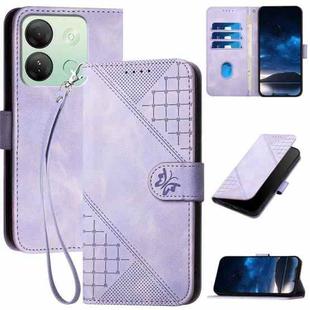 For Infinix Smart 7 India YX0080 Grid Butterfly Embossed Pattern Flip Leather Phone Case with Lanyard(Light Purple)