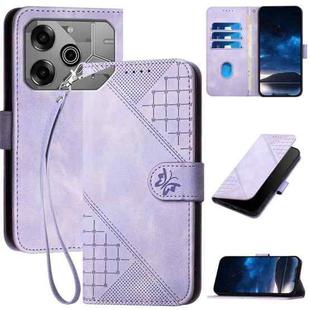 For Tecno Pova 6 5G / 6 Pro 5G YX0080 Grid Butterfly Embossed Pattern Flip Leather Phone Case with Lanyard(Light Purple)