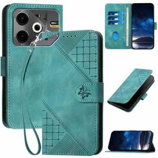 For Tecno Pova 6 Neo YX0080 Grid Butterfly Embossed Pattern Flip Leather Phone Case with Lanyard(Light Blue)