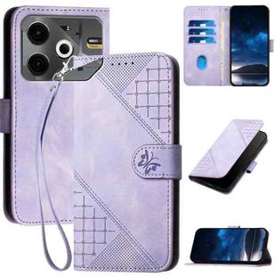 For Tecno Pova 6 Neo YX0080 Grid Butterfly Embossed Pattern Flip Leather Phone Case with Lanyard(Light Purple)