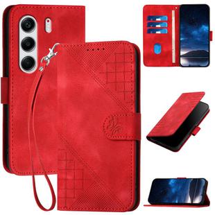 For Tecno Camon 40 4G Grid Butterfly Embossed Pattern Leather Phone Case with Lanyard(Red)