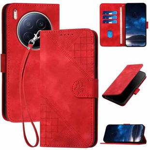 For Tecno Camon 40 Premier Grid Butterfly Embossed Pattern Leather Phone Case with Lanyard(Red)
