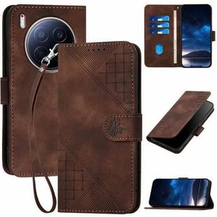 For Tecno Camon 40 Premier Grid Butterfly Embossed Pattern Leather Phone Case with Lanyard(Coffee)